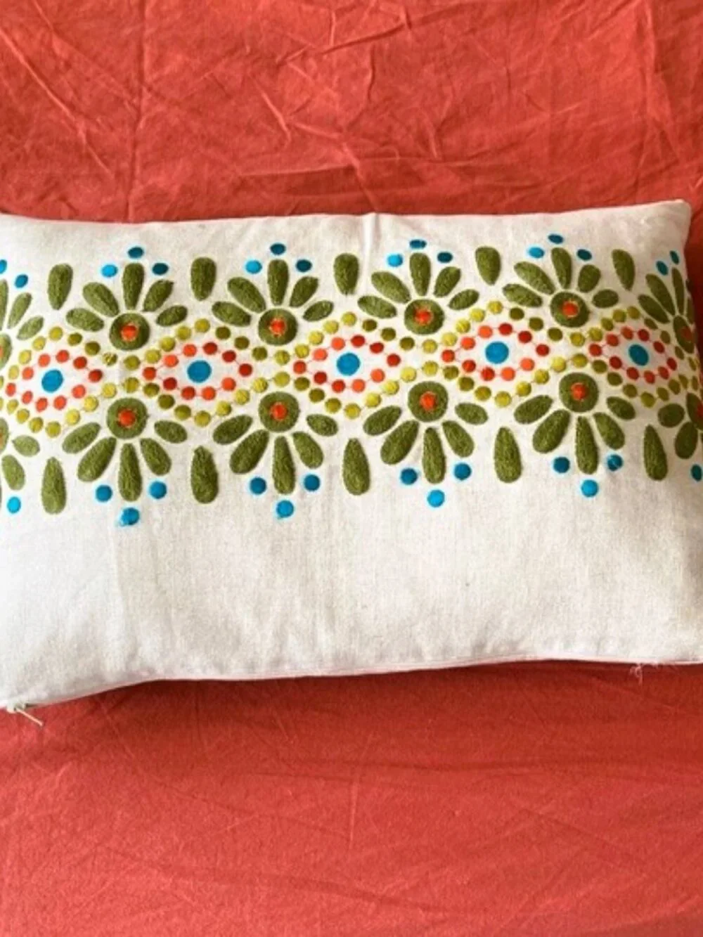 CRATE and  BARREL Embroidered Lumbar Pillow  Boho Linen Cotton 17 x 11 inches